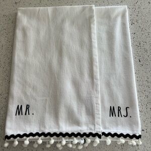 Rae Dunn Two White Kitchen Towels - MR. and MRS.  100% Cotton